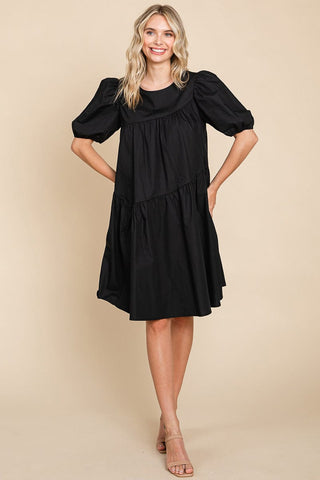 Poplin Puff Sleeve Tiered Cotton Dress