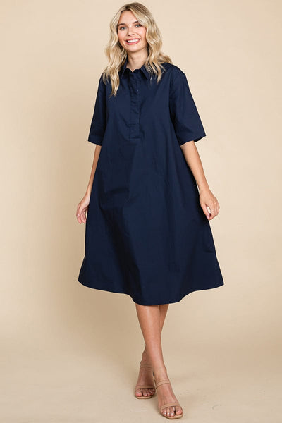 Poplin Collared Short Sleeve Cotton Shirt Dress