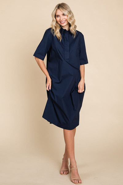 Poplin Collared Short Sleeve Cotton Shirt Dress