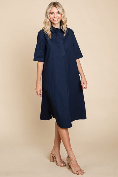 Poplin Collared Short Sleeve Cotton Shirt Dress