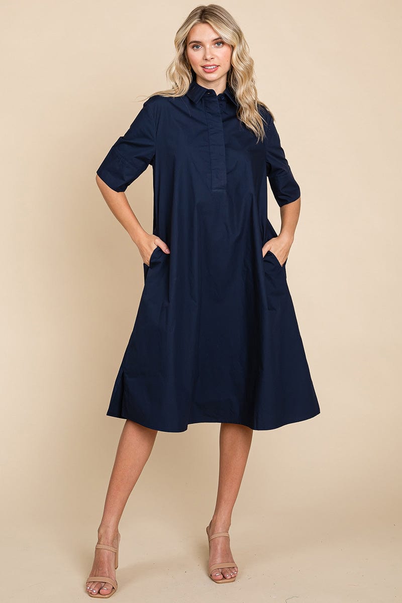 Poplin Collared Short Sleeve Cotton Shirt Dress