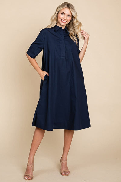 Poplin Collared Short Sleeve Cotton Shirt Dress