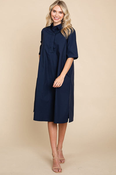 Poplin Collared Short Sleeve Cotton Shirt Dress