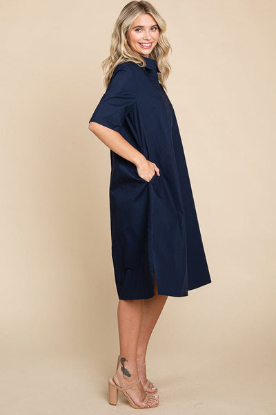 Poplin Collared Short Sleeve Cotton Shirt Dress