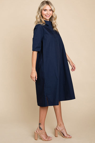 Poplin Collared Short Sleeve Cotton Shirt Dress