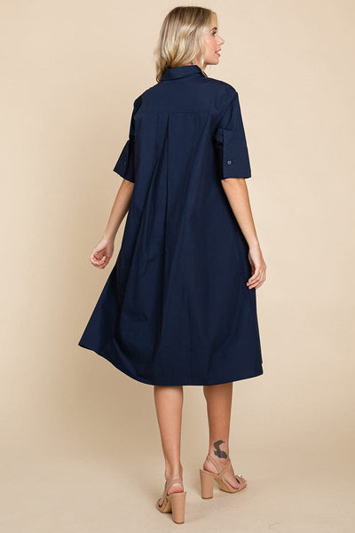 Poplin Collared Short Sleeve Cotton Shirt Dress