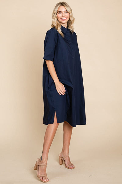 Poplin Collared Short Sleeve Cotton Shirt Dress