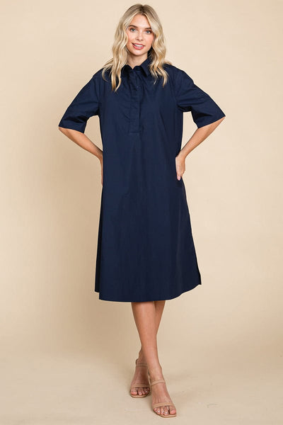 Poplin Collared Short Sleeve Cotton Shirt Dress