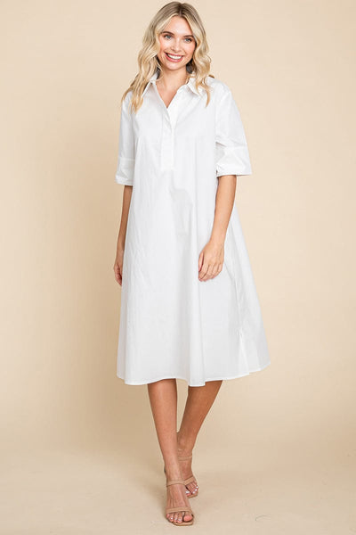 Poplin Collared Short Sleeve Cotton Shirt Dress