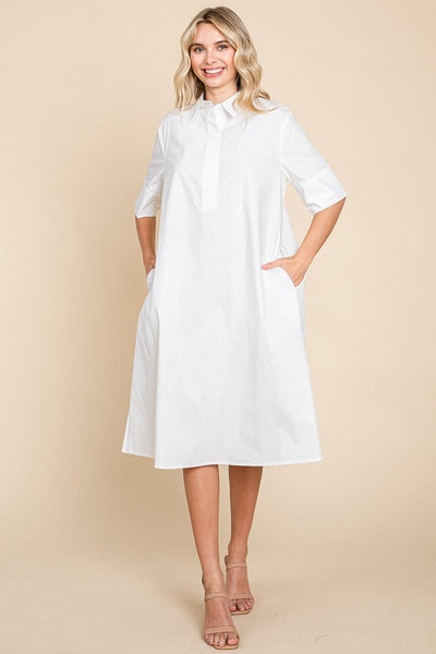 Poplin Collared Short Sleeve Cotton Shirt Dress