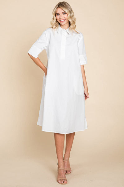 Poplin Collared Short Sleeve Cotton Shirt Dress