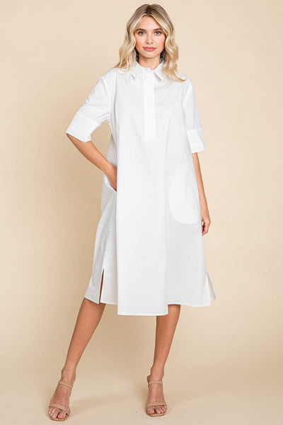 Poplin Collared Short Sleeve Cotton Shirt Dress