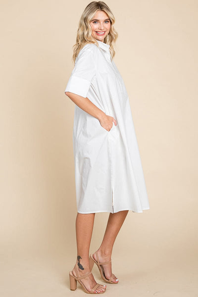 Poplin Collared Short Sleeve Cotton Shirt Dress