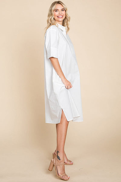 Poplin Collared Short Sleeve Cotton Shirt Dress