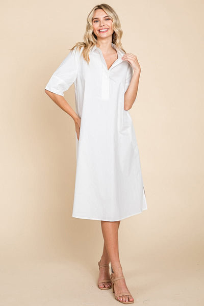 Poplin Collared Short Sleeve Cotton Shirt Dress