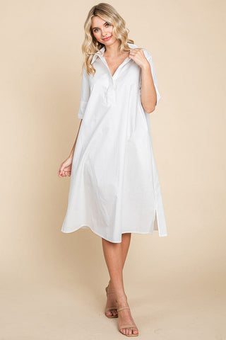 Poplin Collared Short Sleeve Cotton Shirt Dress