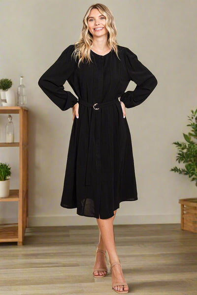 Belted Button Down Crew Neck Pleated Midi Dress