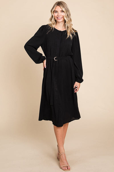 Belted Button Down Crew Neck Pleated Midi Dress
