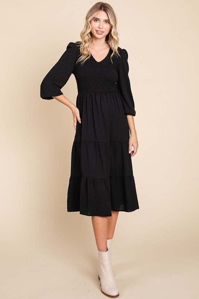 Smocked V neck Long Puff Sleeve Tiered Dress, S-3X