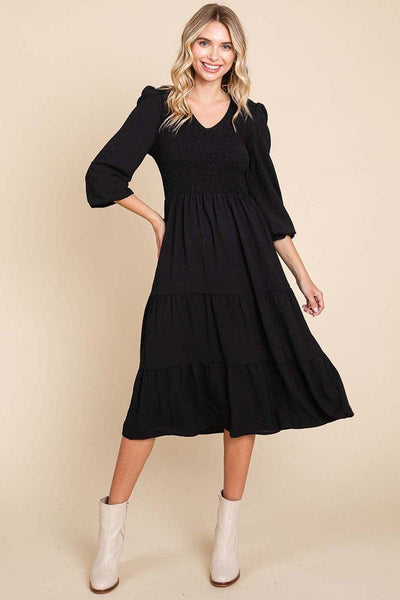 Smocked V neck Long Puff Sleeve Tiered Dress, S-3X