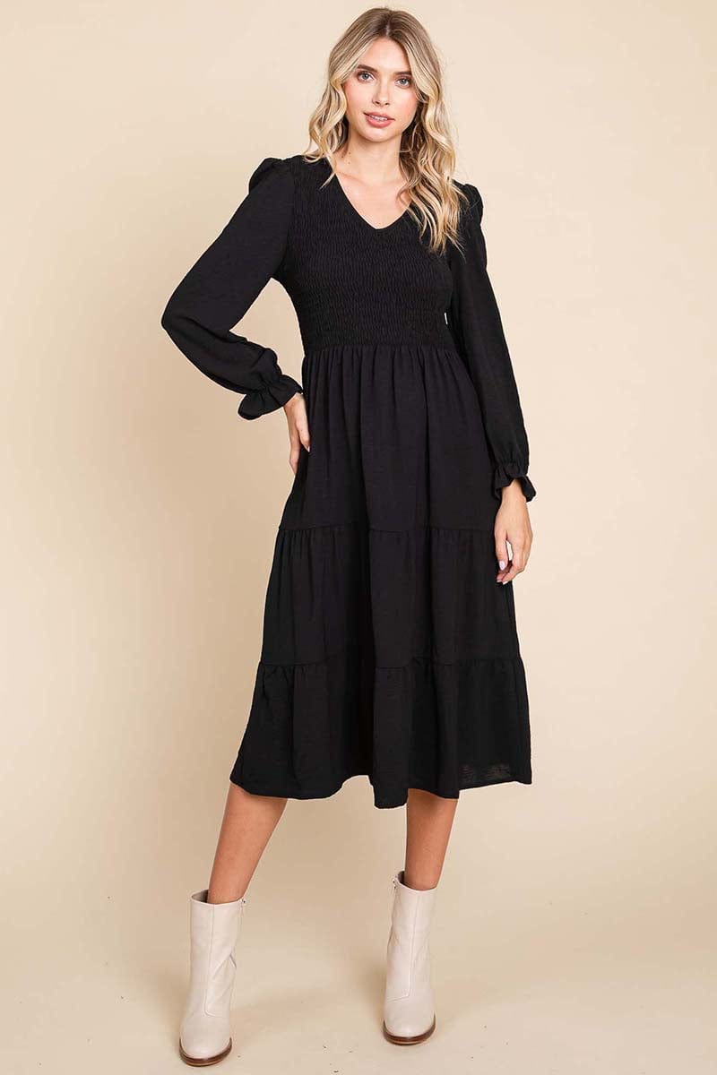 Smocked V neck Long Puff Sleeve Tiered Dress, S-3X