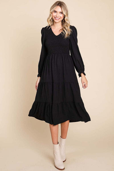 Smocked V neck Long Puff Sleeve Tiered Dress, S-3X