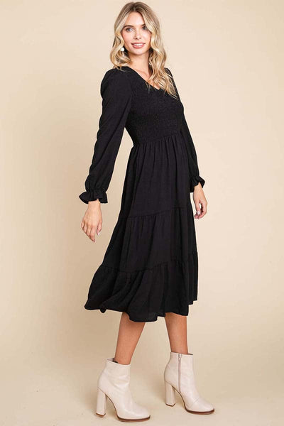 Smocked V neck Long Puff Sleeve Tiered Dress, S-3X
