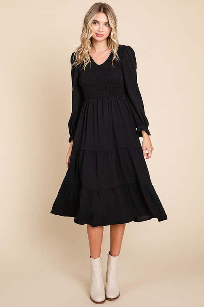 Smocked V neck Long Puff Sleeve Tiered Dress, S-3X