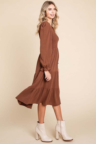 Smocked V neck Long Puff Sleeve Tiered Dress, S-3X