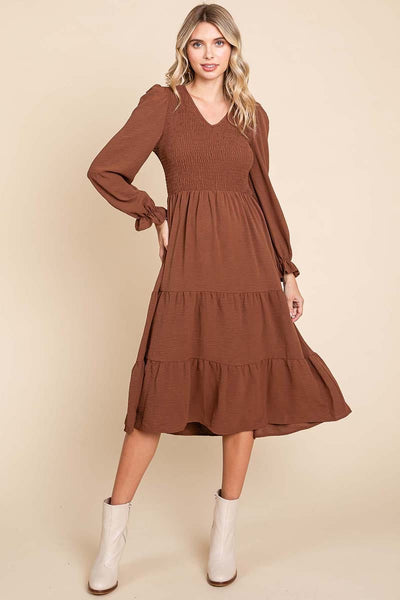 Smocked V neck Long Puff Sleeve Tiered Dress, S-3X