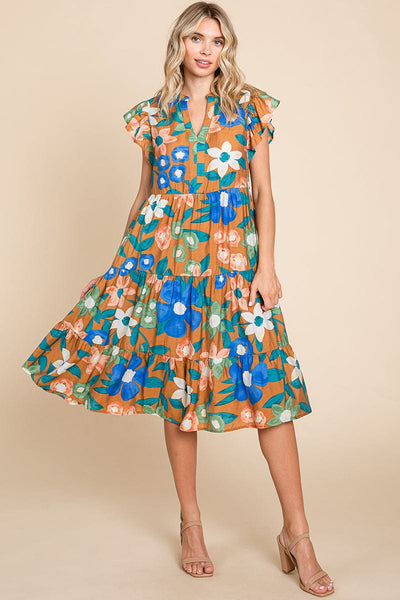 Floral V Neck Ruffle Tiered Midi Cotton Dress, S-3X