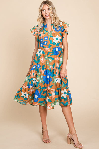 Floral V Neck Ruffle Tiered Midi Cotton Dress, S-3X