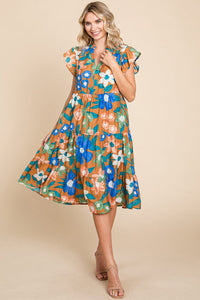 Floral V Neck Ruffle Tiered Midi Cotton Dress, S-3X