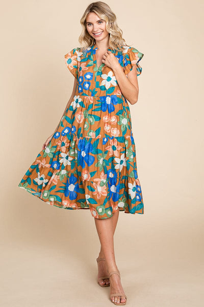 Floral V Neck Ruffle Tiered Midi Cotton Dress, S-3X