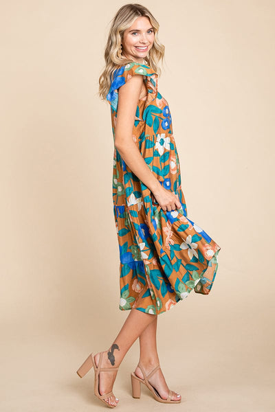 Floral V Neck Ruffle Tiered Midi Cotton Dress, S-3X