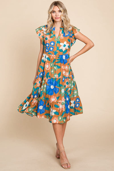 Floral V Neck Ruffle Tiered Midi Cotton Dress, S-3X