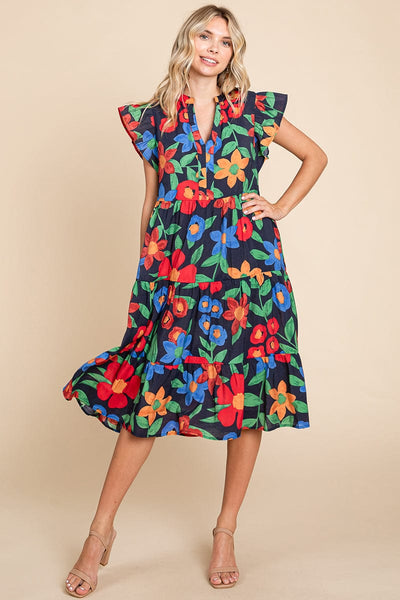 Floral V Neck Ruffle Tiered Midi Cotton Dress, S-3X