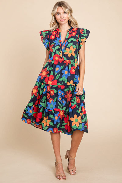 Floral V Neck Ruffle Tiered Midi Cotton Dress, S-3X