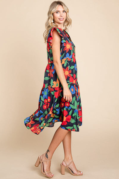 Floral V Neck Ruffle Tiered Midi Cotton Dress, S-3X