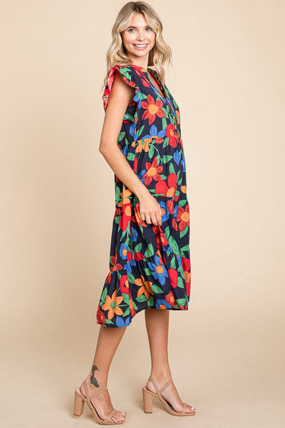 Floral V Neck Ruffle Tiered Midi Cotton Dress, S-3X