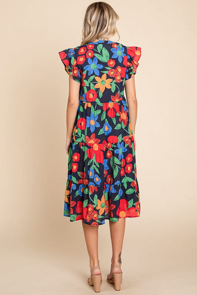 Floral V Neck Ruffle Tiered Midi Cotton Dress, S-3X