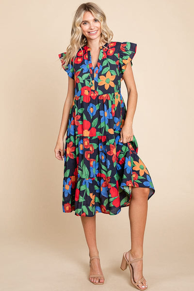 Floral V Neck Ruffle Tiered Midi Cotton Dress, S-3X