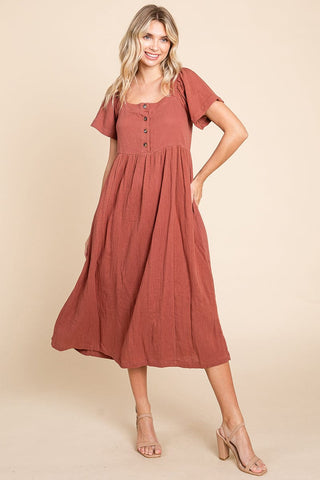 Double Gauze Square Neck Cotton Midi Shirt Dress, S-3X