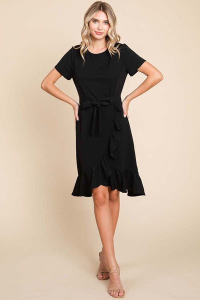 Short Sleeve Ruffled Tulip Hem Tie Belt Dress