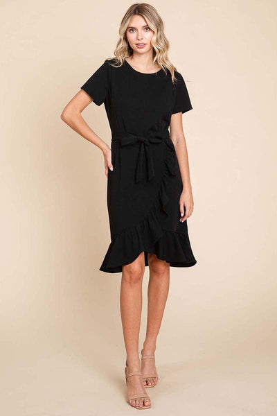 Short Sleeve Ruffled Tulip Hem Tie Belt Dress