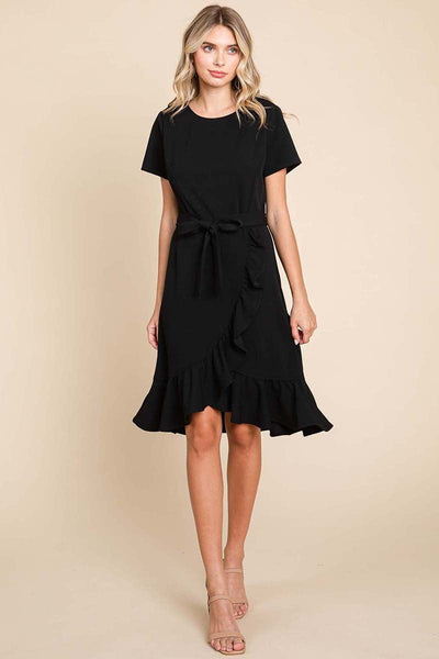 Short Sleeve Ruffled Tulip Hem Tie Belt Dress