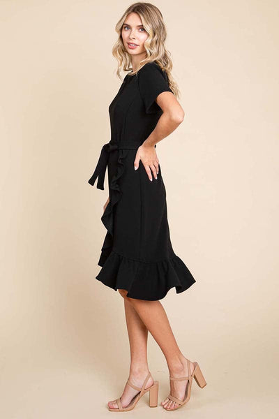 Short Sleeve Ruffled Tulip Hem Tie Belt Dress