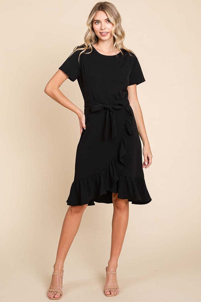 Short Sleeve Ruffled Tulip Hem Tie Belt Dress