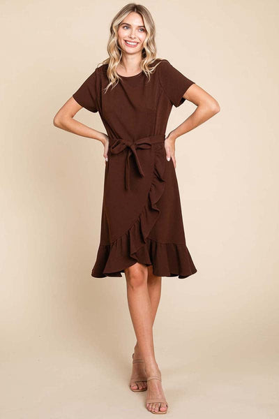 Short Sleeve Ruffled Tulip Hem Tie Belt Dress