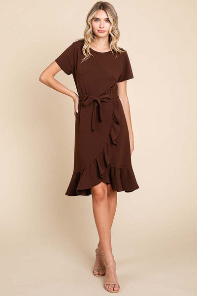 Short Sleeve Ruffled Tulip Hem Tie Belt Dress